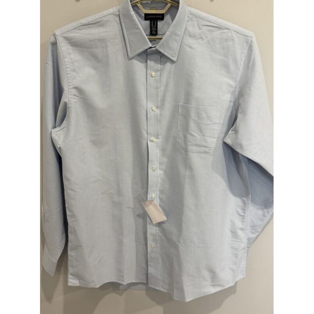 Lands End Mens Long Sleeve Straight Collar Oxford Blue Button Up Shirt New XLT